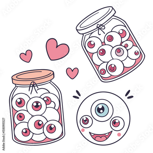 Cute cartoon eyeballs in jars with pink hearts and a happy three eyed monster character on a white background kawaii style illustration