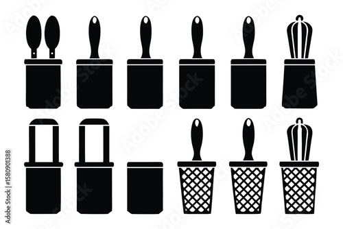 Collection of black silhouette icons representing various cleaning and painting tools including brushes rollers and dusters in different holders