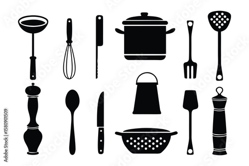 Kitchenware Illustration: A collection of essential kitchen utensils presented in a simple, monochrome design, perfectly suited for various culinary and design applications.