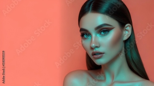 Young caucasian female with artistic makeup and long hair against coral background