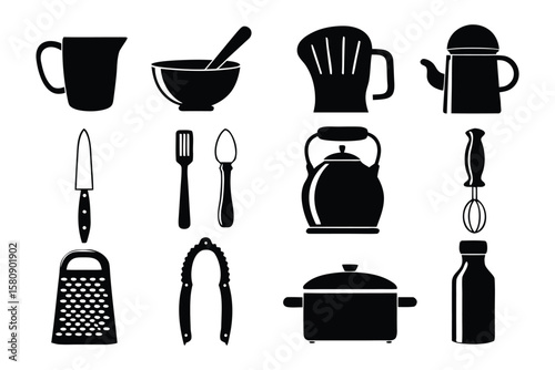Kitchen Utensil Silhouette: A monochrome collection of diverse kitchen utensils and tools, meticulously arranged.