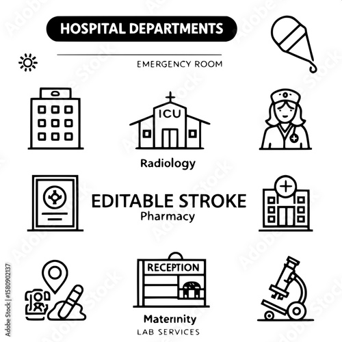 A collection of twelve simple black line icons focused on hospital facilities and departments. Icons depict ER, ICU, radiology, pharmacy, reception, maternity, and lab services. Set in a neat two-row 