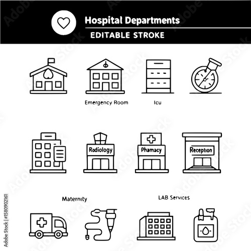 A collection of twelve simple black line icons focused on hospital facilities and departments. Icons depict ER, ICU, radiology, pharmacy, reception, maternity, and lab services. Set in a neat two-row 