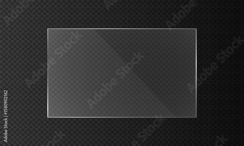 Glossy plastic glare frame. Flat glass plate, transparent banners, realistic screen glass, window mockup, clear glass showcase.