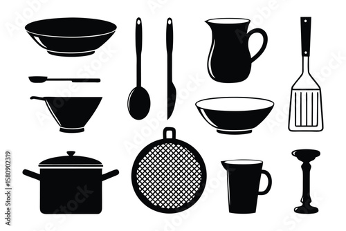 Kitchen Utensil Silhouettes: A collection of classic kitchen utensils and cookware presented in striking monochrome, offering a clean and elegant representation of culinary essentials.