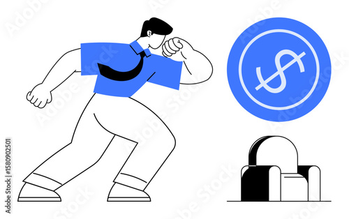 Businessman in blue shirt takes determined stride toward a glowing dollar sign, symbolizing financial ambition, progress, and success. Ideal for finance, leadership, career growth, investment