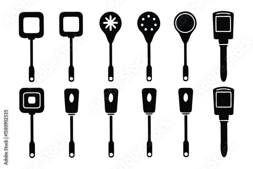 Collection of twelve black silhouette kitchen utensils including spatulas and ladles with various shapes and hole designs on a white background