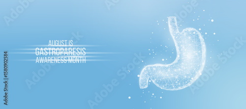 Gastroparesis awareness month concept. Banner template with glowing low poly stomach. Futuristic modern abstract. Isolated on blue background. Vector illustration.