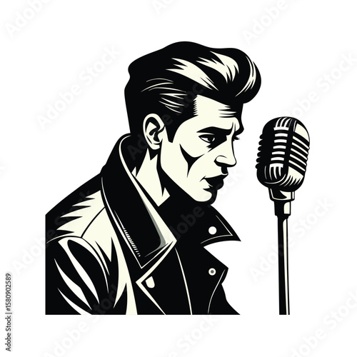Retro rockabilly singer with classic microphone in dramatic lighting