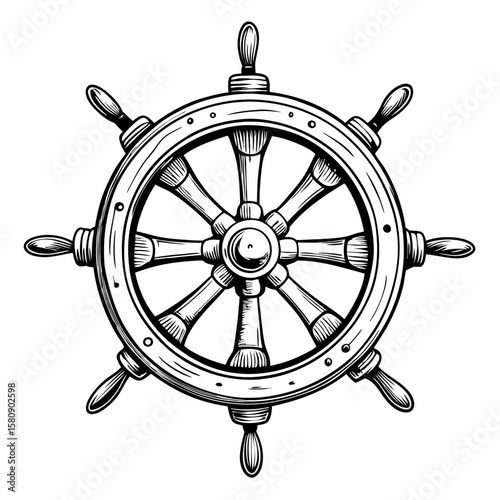 Vintage Nautical Ship Wheel Illustration in Black and White