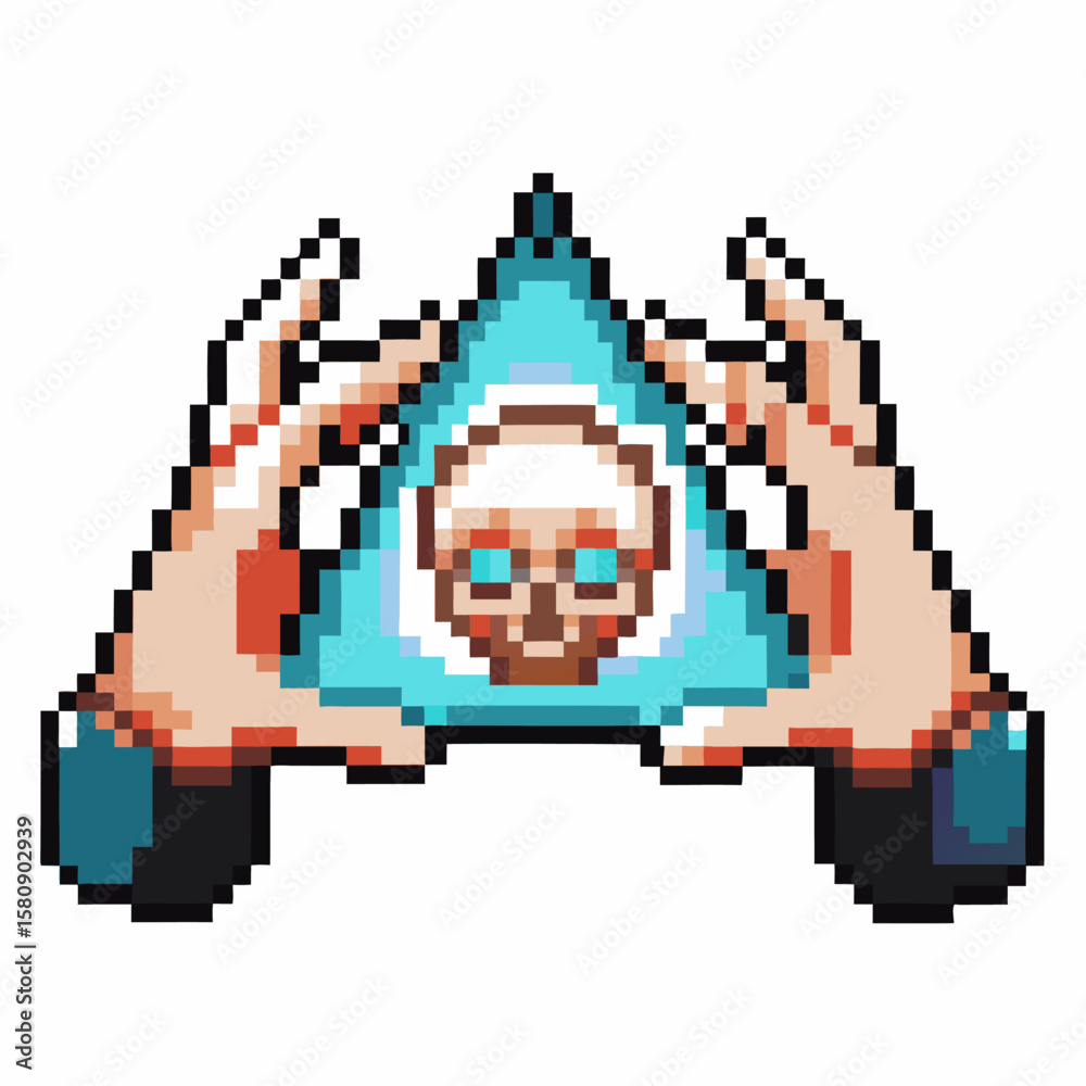 Obraz premium Pixel art hands forming illuminated triangle with eye in center digital symbol, mystical all seeing icon, retro gaming aesthetic