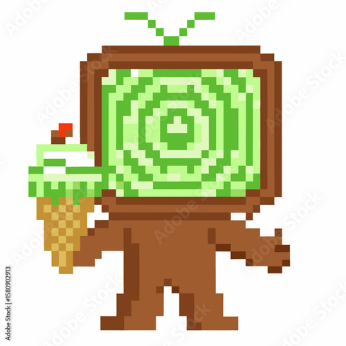 Pixel art character with television head holding mint ice cream cone, green swirl screen, retro digital mascot