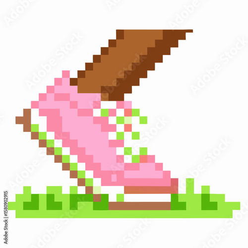 Pink pixel sneaker stepping on grass, retro video game 8 bit running shoe, athletic footwear, digital pixel art design