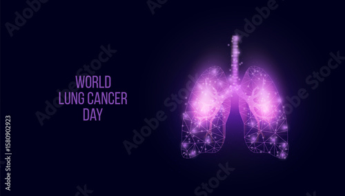 World Lung Cancer Day concept. Banner template with glowing low poly lungs. Futuristic modern abstract. Isolated on dark background. Vector illustration
