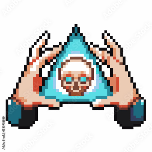 Pixel art hands forming illuminated triangle with eye in center digital symbol, mystical all seeing icon, retro gaming aesthetic