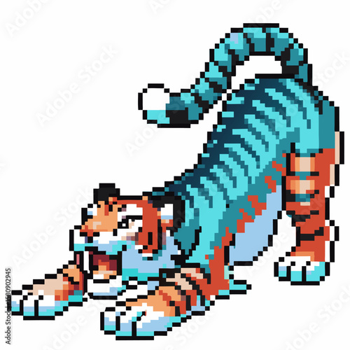 Pixel art tiger stretching, playful retro animal design digital 8 bit wildlife, striped feline, energetic character illustration