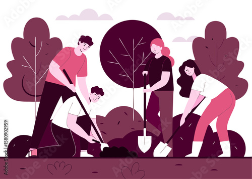 Group of People Planting Trees and Gardening Together in a Forest Illustration group