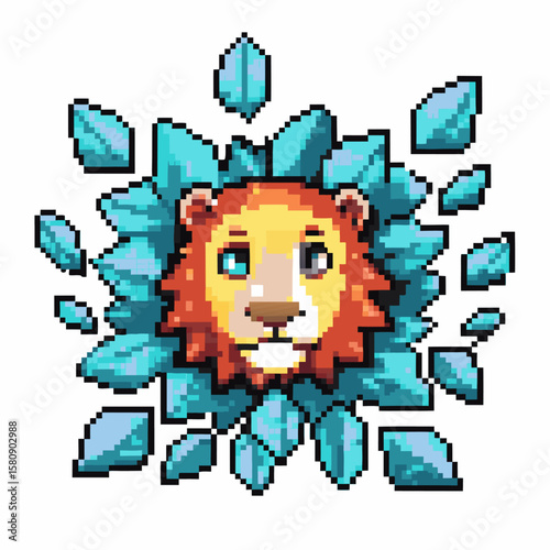 Pixel art lion head surrounded by geometric blue leaves, retro 8 bit wild animal fantasy nature illustration