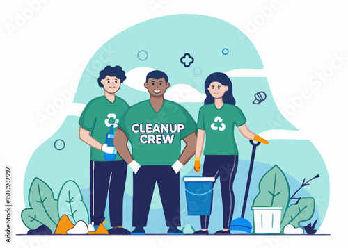 Cartoon Illustration of Diverse Cleanup Crew Volunteers with Cleaning Supplies and Recycle Symbol