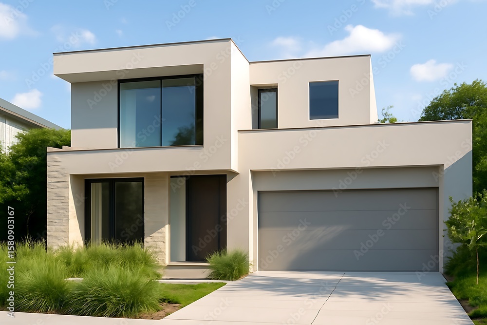 Exterior view of a modern two story house with large windows and a gray garage door on a sunny day Exterior view of a modern two story house with large windows and a gray garage door on a sunny day