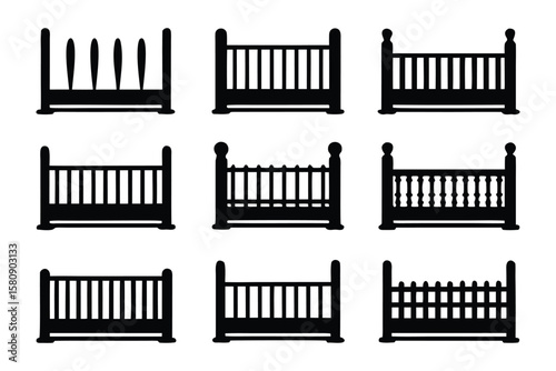 Collection of nine black silhouette icons depicting various styles of baby cribs and cradles against a white background
