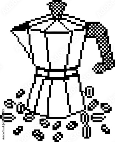 Pixel art moka pot with coffee beans black and white retro espresso maker illustration, minimal vintage kitchen decor
