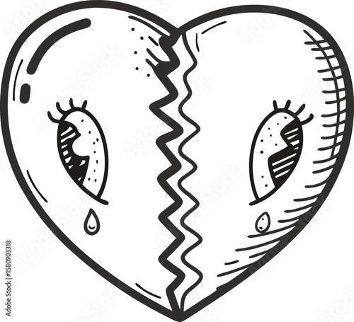 Broken heart illustration with crying eyes, emotional sadness symbol, hand drawn sketch, tearful face concept design