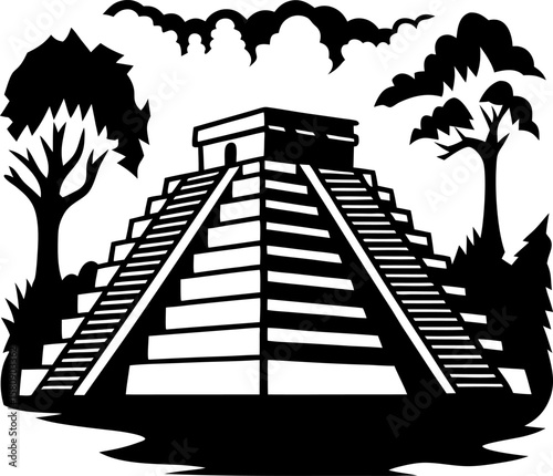 Ancient pyramid temple silhouette with staircase surrounded by tropical trees and dramatic sky mesoamerican architecture concept