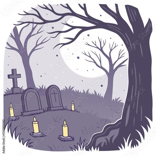 Spooky halloween graveyard scene with bare trees tombstones and flickering candles under a full moon and starry night sky