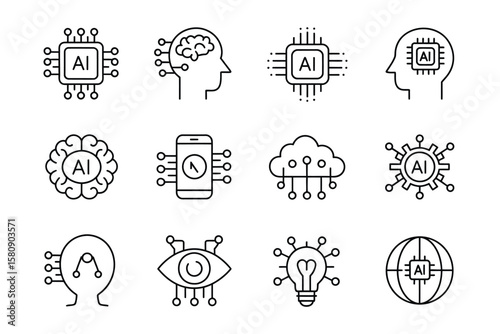 AI Icon Set Vector Design Featuring Brain, Robot, Neural Network, and Microchip Symbols Perfect for Technology Presentations, Digital Apps, Websites, and Infographic Projects

