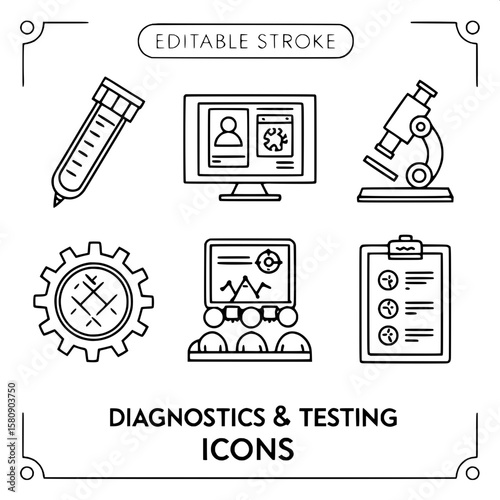 A line icon set of twelve items representing medical diagnostics and lab testing. Including icons for blood test, x-ray, microscope, sample tube, ECG monitor, and results report. All icons are styled 