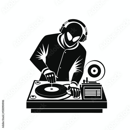 A dynamic DJ spins vinyl records on a turntable, mixing audio for a vibrant music party