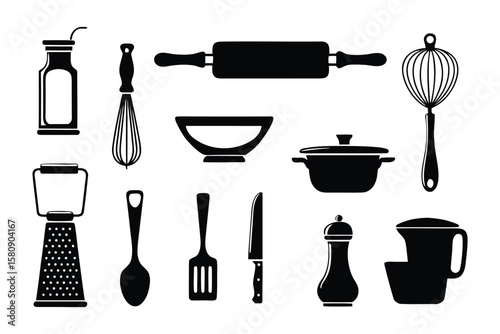 Culinary Essentials Silhouette Collection: A graphic illustration of a collection of kitchen utensils rendered in striking black silhouette, ideal for culinary-themed projects and design.