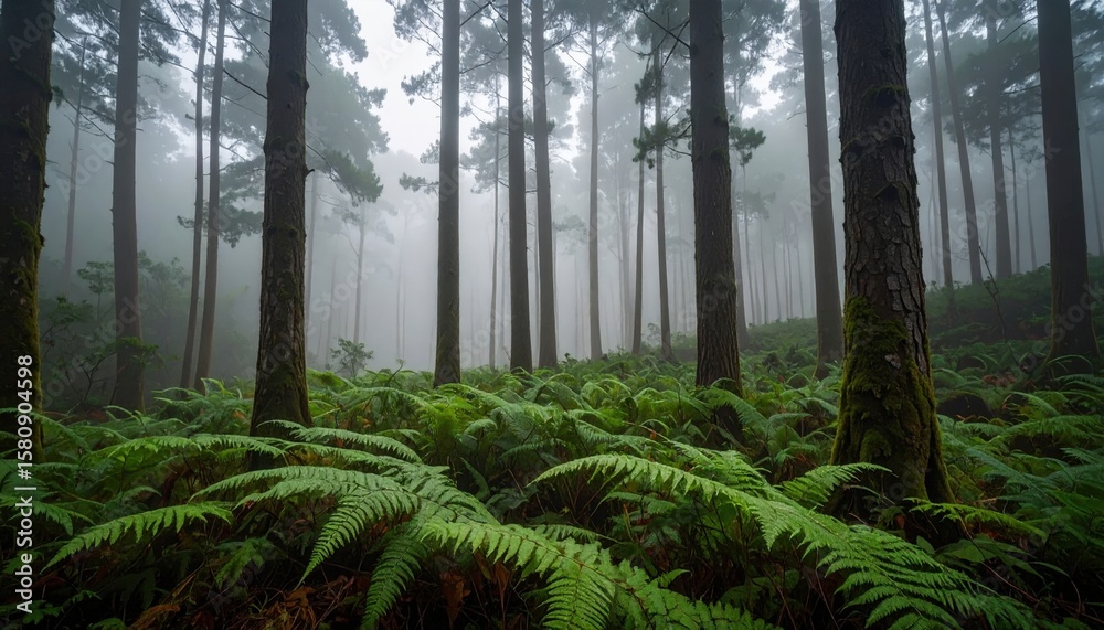 Fototapeta premium Misty Forest With Ferns And Tall Pines