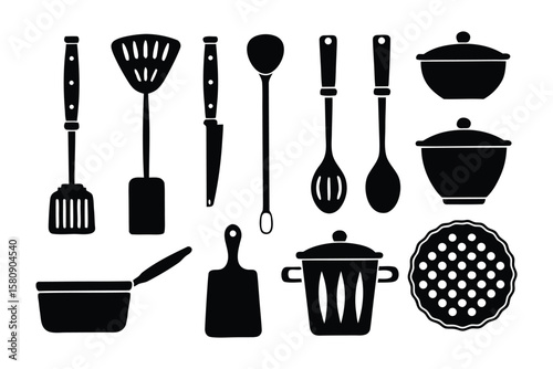 Kitchenware Silhouettes: A collection of various kitchen utensils and tools, neatly arranged, captured as minimalistic black silhouettes.