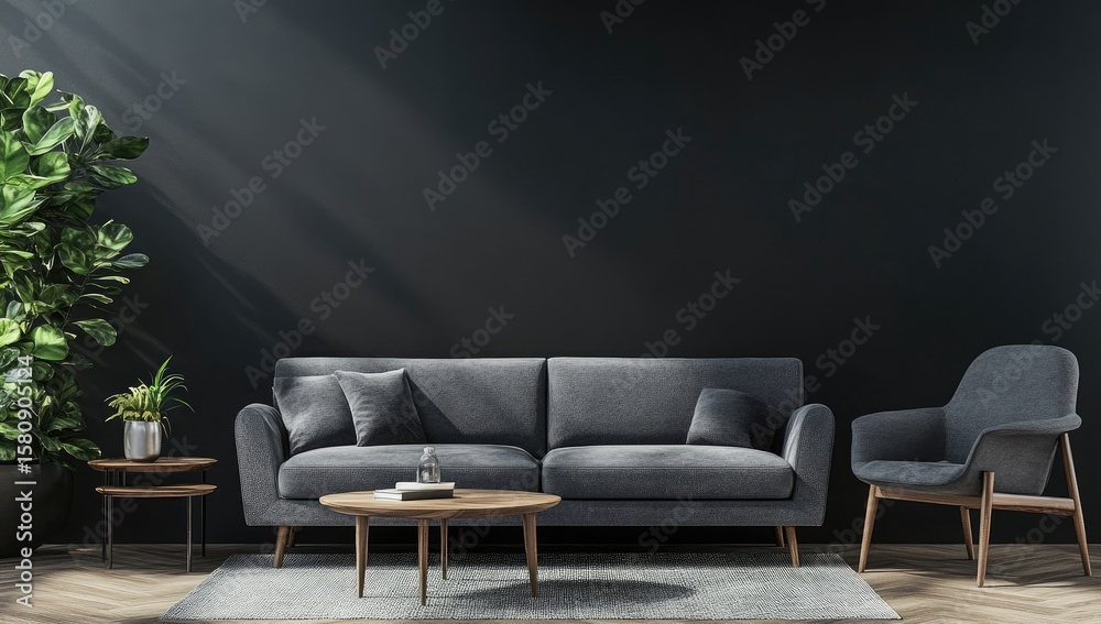 Obraz premium Dark, modern living room with sofa, chair, and plants. Sunlight streams in