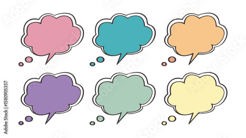 Scalable vector image of various colorful speech bubbles and thought clouds in vibrant, cute colorful speech bubbles, easily editable.