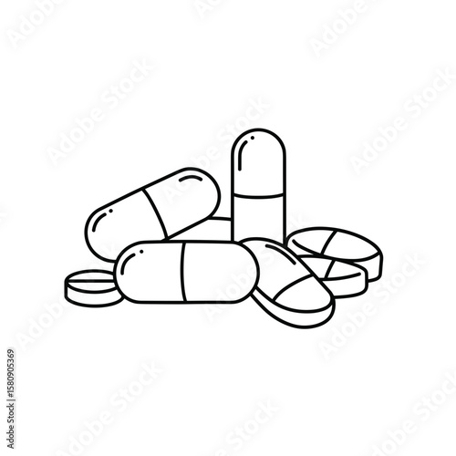 Various pills and capsules in black and white on transparent background  