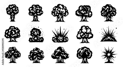 Set of powerful black silhouette explosions, dynamic vector illustrations of atomic bombs, dynamite blasts, and fire clouds, isolated on transparent or white backgrounds.