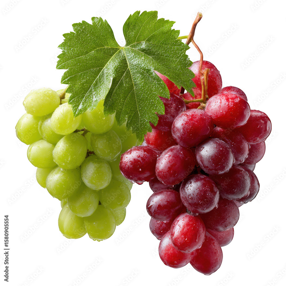 Fototapeta premium Fresh red and green grapes with water droplets and leaf isolated on transparent background