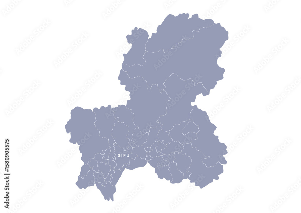 Fototapeta premium グレー色の日本地図, 岐阜県の行政区分付き地図, Gray map of Japan, Gifu prefecture