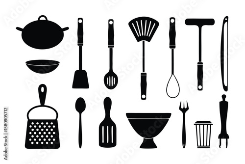 Kitchen Utensil Set: A comprehensive collection of essential kitchen utensils, meticulously illustrated in a sleek, monochrome style, perfect for culinary enthusiasts and designers.