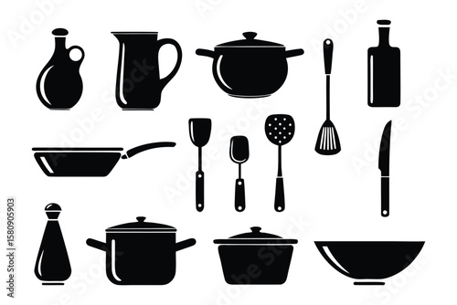 Kitchen Silhouette: An array of sleek, black kitchen tools and utensils artfully arranged, embodying the essence of culinary preparation and domesticity. 
