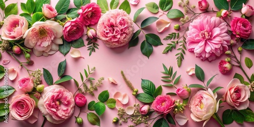 A Delicate Arrangement of Pink Roses and Blossoms on a Soft Pink Background