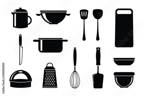 Kitchen Tool Black Silhouette: Various kitchen utensils cast bold silhouette. These indispensable elements add to any culinary space, embodying essential functionality.