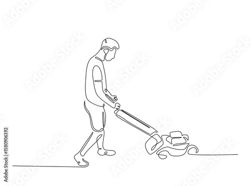 Gardener holding lawn mower in single outline illustration. Continuous line art drawing of man holding grass cutter machine.