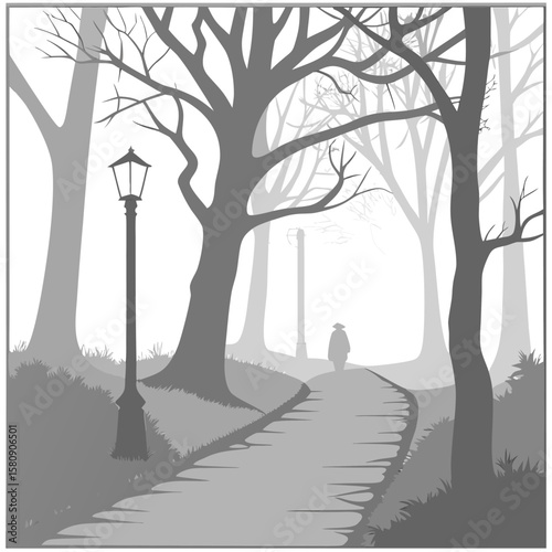 A grayscale illustration of a foggy park with a path leading to a figure under a street light and trees