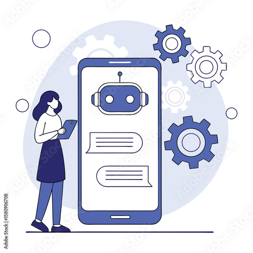 Woman uses her tablet near the phone with a robot, with blue gears