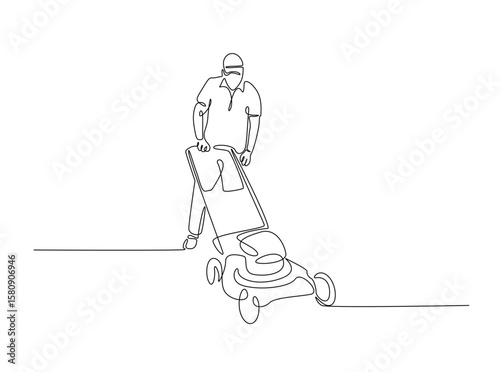 Gardener holding lawn mower in single outline illustration. Continuous line art drawing of man holding grass cutter machine.