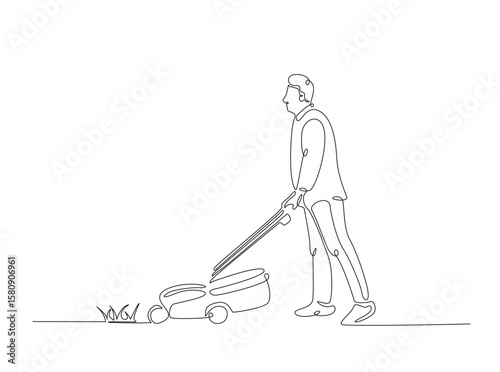 Gardener holding lawn mower in single outline illustration. Continuous line art drawing of man holding grass cutter machine.